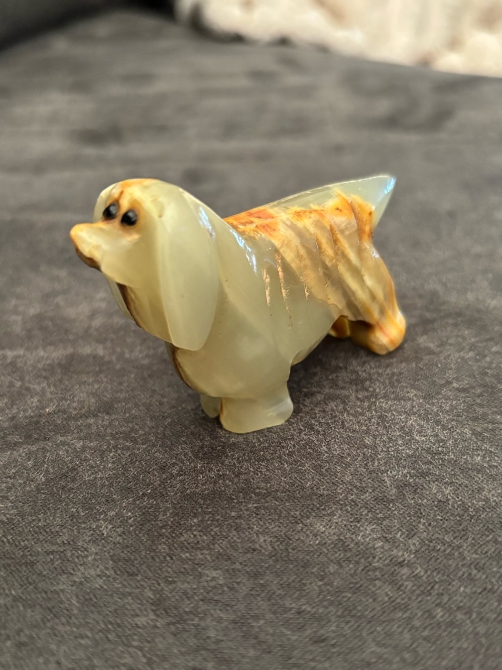 Vintage Carved Marble Spaniel Dog Stone Fetish Onyx Sculpture LightGreen & Brown